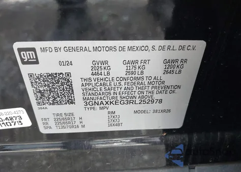 2024 Chevrolet Equinox Fwd Lt z USA, uszkodzony, nr VIN 3GNAXKEG3RL252978